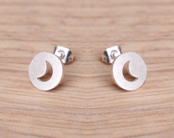 Moon in Disc Stud Earrings - Minimalist Jewelry, Trendsetter Earrings, Statement Earrings, Gift