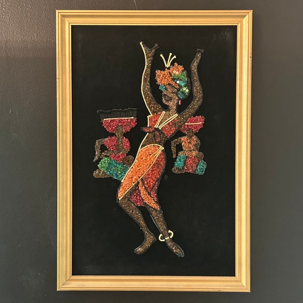 Calypso Dancer Framed Wall Art, Vintage Midcentury Decor, Pebble, Sand, Gravel, Beaded Mosaic on Black Velvet with Bongo Players