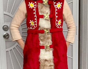 Almost Famous Long Red Vest Faux Fur Trim Ice Princess Coat Upcycled Vintage Belted Snow Elf Hood Mrs Clause Furry Embroidery Costume XS XXS