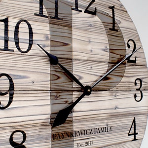 May include: A round wooden clock with black Roman numeral hour markers and black hands. The clock face has a wood grain pattern and the text "PAYNKEWICZ FAMILY Est. 2017" is printed below the clock face.