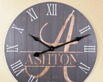 Gray Family Name Wood Wall Clock, Distressed Clock, Personalized Farmhouse, Oversize Wooden Wall Clock, Anniversary Gift, Wedding Gift
