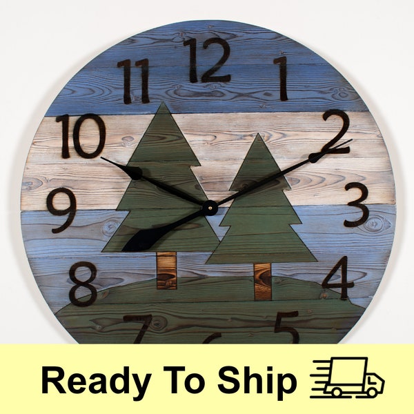 Ready to Ship!  Handmade Wooden Wall Clock, 24 Inch Round Clock, Trees Wall Clock, Wood Clock, Last Minute Gift Ideas, Clock