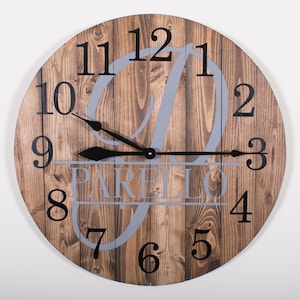 Monogram Wood Wall Clock, Personalized Farmhouse Decor, Gray Family Name Wall Clock, Fifth Anniversary Gift, Wedding Gift, Custom Clock