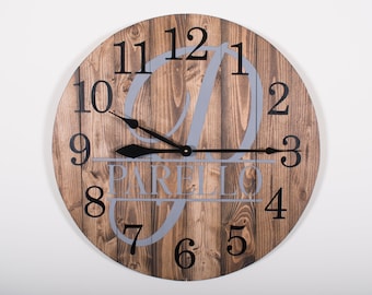 Monogram Wood Wall Clock, Personalized Farmhouse Decor, Gray Family Name Wall Clock, Fifth Anniversary Gift, Wedding Gift, Custom Clock