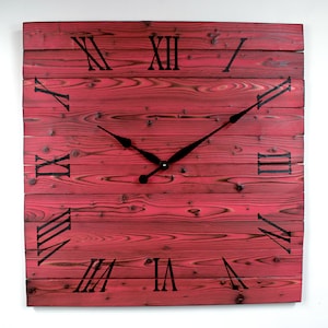 Square Wall Clock, 12&quot; to 30&quot;, Bright Red Wooden Wall Clock, Oversized Wood Wall Clock, Large Rustic Clock available, Gift Clock