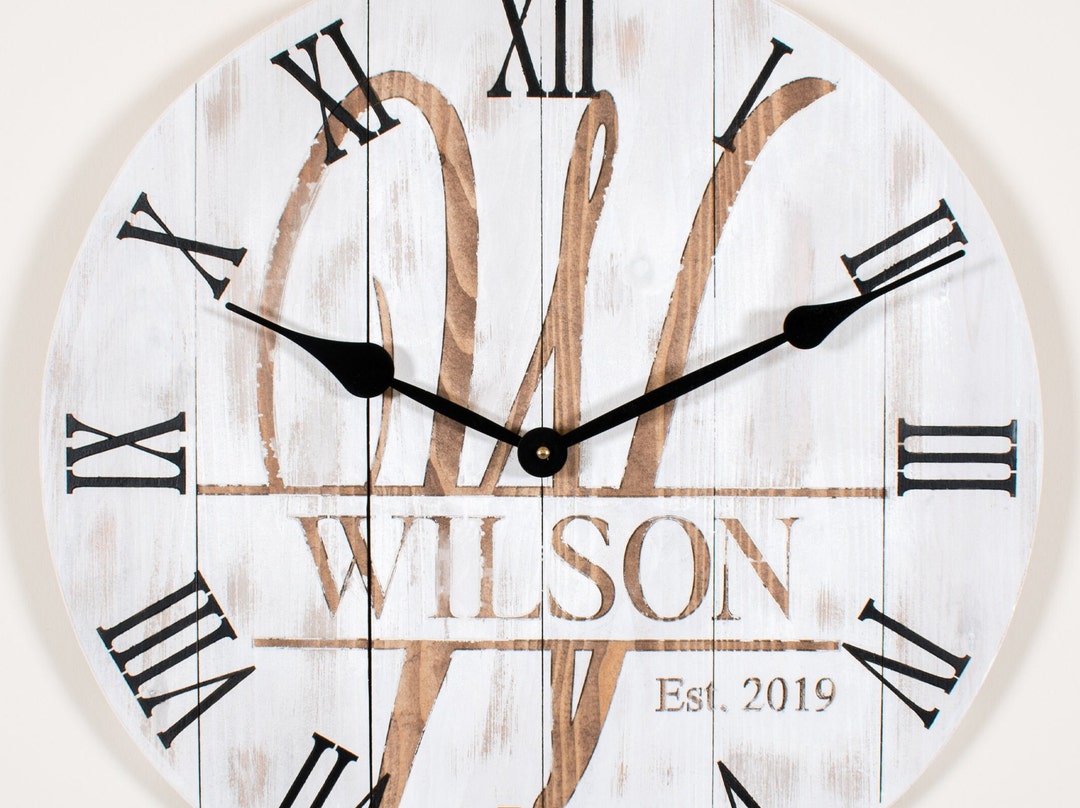 Monogram Wood Wall Clock, Whitewash Distressed Clock, Personalized