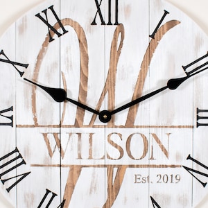 Monogram Wood Wall Clock, Whitewash Distressed Clock, Personalized Farmhouse, Oversize Wooden Wall Clock, Anniversary Gift, Wedding Gift