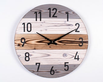 Handmade Wood Wall Clock, 12" to 30", White Gray Scorched Rustic Clock, Wooden Clock, Large Wooden Clock, Farmhouse Clock, Custom Gift Clock