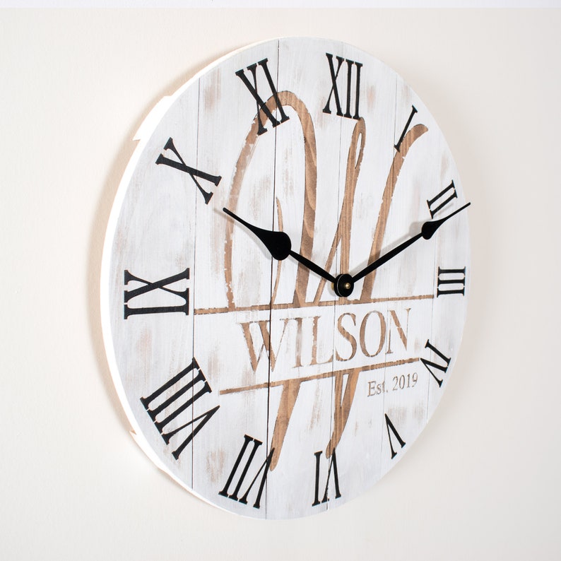 Monogram Wood Wall Clock Whitewash Distressed Clock Etsy