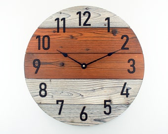 Handmade Wood Wall Clock, 12" to 30", Orange and White Rustic Clock, Wooden Clock, Large Wooden Clock, Farmhouse Clock, Custom Gift Clock