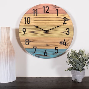 Large Handmade Rustic Wood Wall Clock, Colorful Solid Wood Handcrafted Design, Farmhouse Decor for Livingroom or Dining Room, 12&quot;-30&quot;