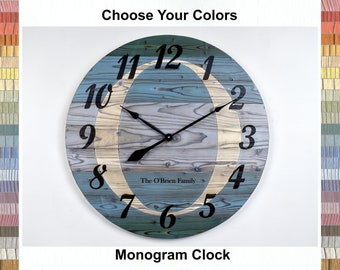 Custom Colored Monogram Clock, Personalized Custom Wall Clock, Anniversary Gift, Wedding Gift, Monogram Family Name Decor