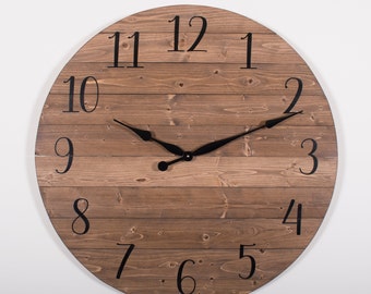 Brown Solid Wood Handmade Wall Clock, Minimalist Wooden Clock, Large Wooden Wall Clock, Rustic Handmade Clock, Gift Clock