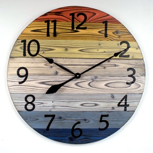 Handmade Wood Wall Clock, 12" to 30", Sunrise Colors,  Rustic Clock, Wooden Clock, Large Wooden Clock, Farmhouse Clock, Custom Gift Clock