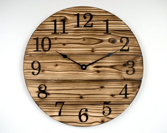 Fire Scorched Unstained Wood Wall Clock, Natural Grain Wooden Wall Clock, Burnt Wood Wall Art, Large Wall Clock available in Multiple Sizes
