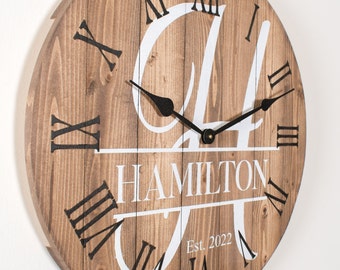 Monogram Wood Wall Clock, Personalized Farmhouse Decor, Oversize Wooden Wall Clock, Anniversary Gift, Wedding Gift, Custom Clock