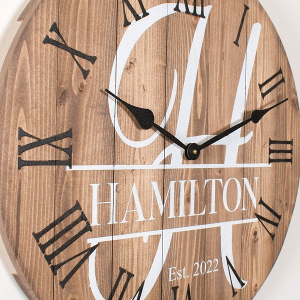 Monogram Wood Wall Clock, Personalized Farmhouse Decor, Oversize Wooden Wall Clock, Anniversary Gift, Wedding Gift, Custom Clock