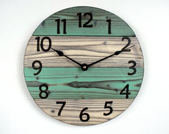 Handmade Wood Wall Clock, 12" to 30", Teal and White Rustic Clock, Wooden Clock, Large Wooden Clock, Farmhouse Clock, Custom Gift Clock