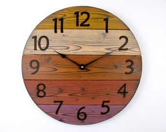 Handmade Wood Wall Clock, 12" to 30", Warm Color Palette,  Rustic Clock, Wooden Clock, Large Wooden Clock, Farmhouse Clock, Gift Clock