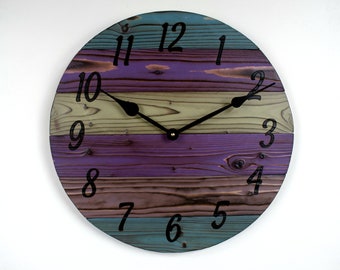 Handmade Wood Wall Clock, 12" to 30", Purple Blue Green Rustic Clock, Wooden Clock, Large Wooden Clock, Farmhouse Clock, Custom Gift Clock