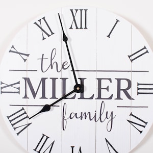 Personalized Hand-Painted Wooden Wall Clock - White Background, Custom Family Last Name & Established Date in Black - Unique Home Decor