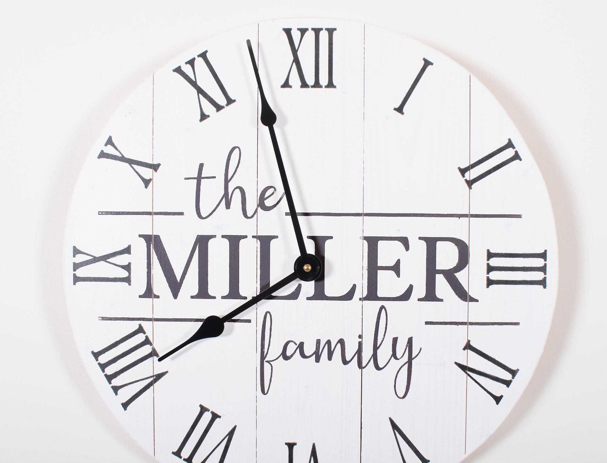 Personalized Hand-Painted Wooden Wall Clock - White Background, Custom Family Last Name & Established Date in Black - Unique Home Decor