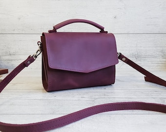 Small leather crossbody bag women, handmade purple shoulder purse, cute leather cross body handbags, personalized gift for her