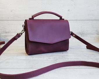 Small leather crossbody bag women, handmade purple shoulder purse, cute  leather cross body handbags, personalized gift for her