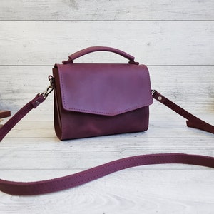 Small leather crossbody bag women, handmade purple shoulder purse, cute leather cross body handbags, personalized gift for her image 1