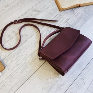 Small leather crossbody bag women, handmade purple shoulder purse, cute leather cross body handbags, personalized gift for her image 6