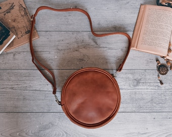 Round leather bag, Small crossbody bag women, Leather crossbody purse, Shoulder bag, Cross body bag, Personalized gift for women