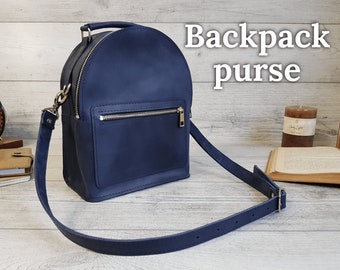 Mini-Rucksack aus Leder, umwandelbarer Rucksack für Damen, kleiner ästhetischer Einkaufsrucksack, minimalistische personalisierte blaue Stadttasche, Geschenk für Sie