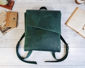 Handmade leather laptop backpack women, womens minimalist backpack, vintage leather backpack men, green rucksack, personalized gift for her