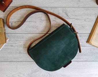 Leather crossbody bag women, saddle leather purse, small green leather shoulder bag, handmade leather handbags, personalized gifts for her