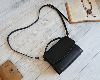 Small leather crossbody purse women, handmade black shoulder bag, womens leather handbags, personalized mother gift for her, cross body bag