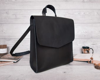 Mini backpack, Convertible backpack purse, Black leather backpack women, Small backpack men, Laptop backpack, Personalized gift for women