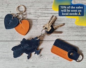 Leather keychain from Ukrainian seller shop for men or women, key fobs stand with Ukraine flag, map, cute key chains, key ring, key holder