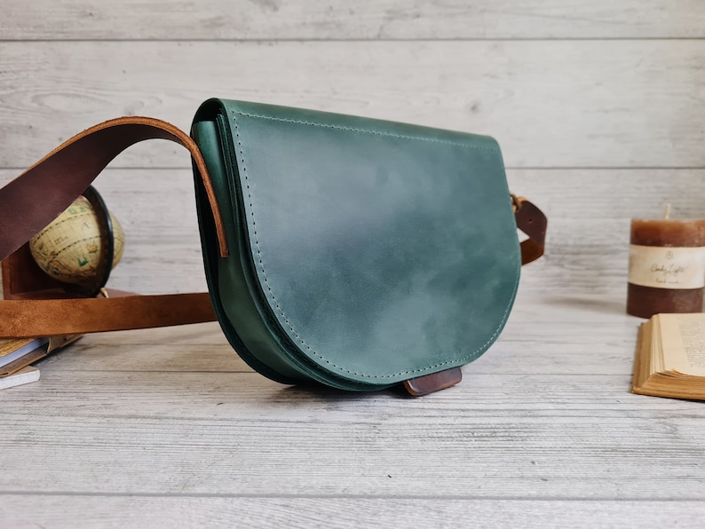 Leather crossbody bag women, saddle leather purse, small green leather shoulder bag, handmade leather handbags, personalized gifts for her image 7