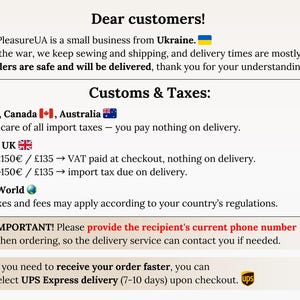 May include: An informational graphic with black text on a light background. It includes sections titled Dear customers!, Customs & Taxes, and includes icons for a phone and an airplane. It details business operations, tax policies, and shipping.