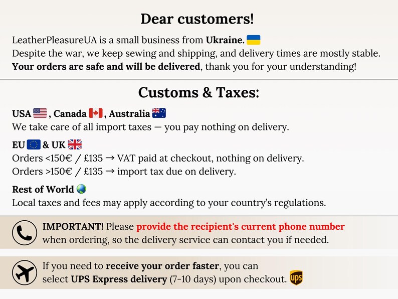 May include: An informational graphic with black text on a light background. It includes sections titled Dear customers!, Customs & Taxes, and includes icons for a phone and an airplane. It details business operations, tax policies, and shipping.