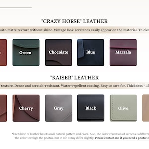 Puede incluir: Una carta de colores que muestra dos tipos de cuero: cuero Crazy Horse en co&ntilde;ac, verde, chocolate, azul y marsala, y cuero Kaiser en marr&oacute;n, cereza, gris, negro, oliva y beige. Cada muestra muestra la textura y el nombre del color.