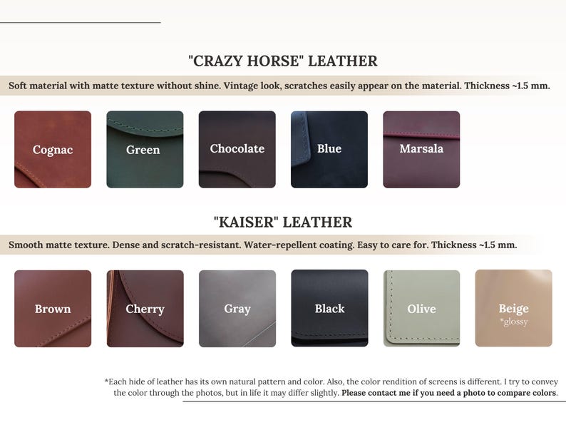 Puede incluir: Una carta de colores que muestra dos tipos de cuero: cuero Crazy Horse en co&ntilde;ac, verde, chocolate, azul y marsala, y cuero Kaiser en marr&oacute;n, cereza, gris, negro, oliva y beige. Cada muestra muestra la textura y el nombre del color.