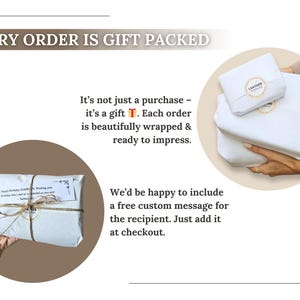 May include: White paper gift packaging with a circular sticker label reading LEATHER PLANNING. One package is tied with thin twine and includes a white rectangular gift tag with printed text. The text reads EVERY ORDER IS GIFT PACKED.