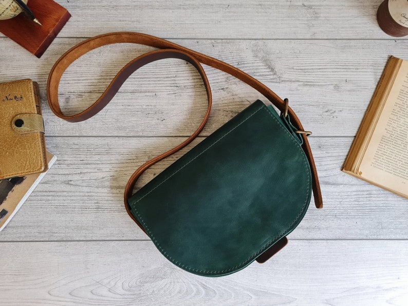 Leather crossbody bag women, saddle leather purse, small green leather shoulder bag, handmade leather handbags, personalized gifts for her image 1