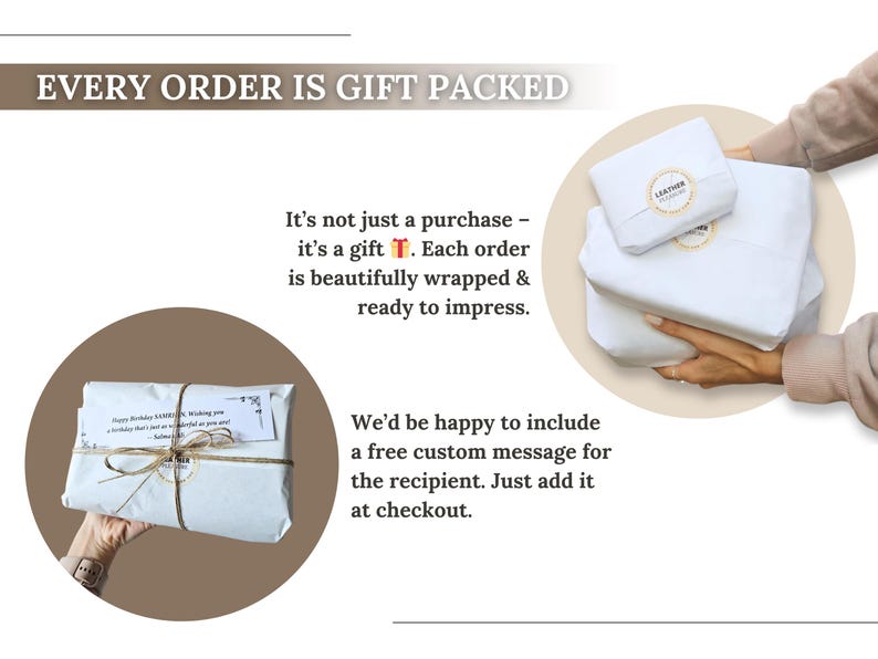 Puede incluir: Envoltorio de regalo de papel blanco con una etiqueta circular que dice LEATHER PLANNING. Un paquete est&aacute; atado con cordel fino e incluye una etiqueta de regalo rectangular blanca con texto impreso. El texto dice EVERY ORDER IS GIFT PACKED.