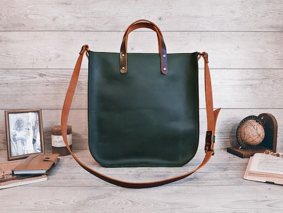 Leather Tote Bag for Women With Zipper, Green Shoulder Bag