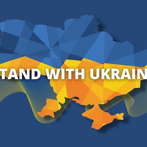 Wir stehen mit der digitalen Kunst der Ukraine aus dem ukrainischen Shop, dem Kartenbanner der Ukraine, Blau und Gelb, Beten für die Ukraine, sofortigem Download im JPG- und SVG-PDF-Format zur Seite