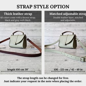 K&ouml;nnte beinhalten: Bild mit zwei Optionen f&uuml;r Handtaschen-Tr&auml;gerriemen. Eine ist ein dicker brauner Lederriemen, die andere ein passender verstellbarer Riemen. Die Taschen sind hellgr&uuml;n mit einem Klappenverschluss. Die Textl&auml;nge des Riemens betr&auml;gt 100 cm oder 106-125 cm.