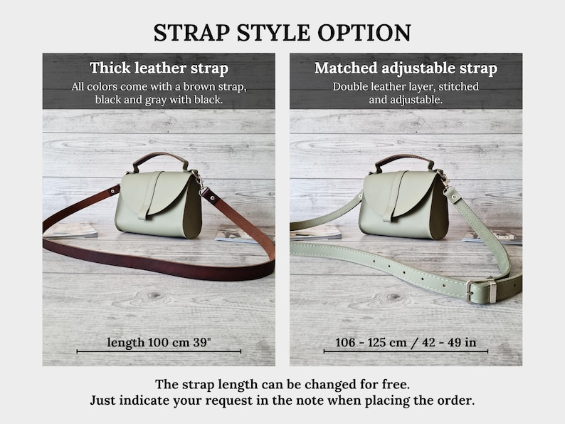 K&ouml;nnte beinhalten: Bild mit zwei Optionen f&uuml;r Handtaschen-Tr&auml;gerriemen. Eine ist ein dicker brauner Lederriemen, die andere ein passender verstellbarer Riemen. Die Taschen sind hellgr&uuml;n mit einem Klappenverschluss. Die Textl&auml;nge des Riemens betr&auml;gt 100 cm oder 106-125 cm.