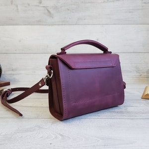 Small leather crossbody bag women, handmade purple shoulder purse, cute leather cross body handbags, personalized gift for her image 3